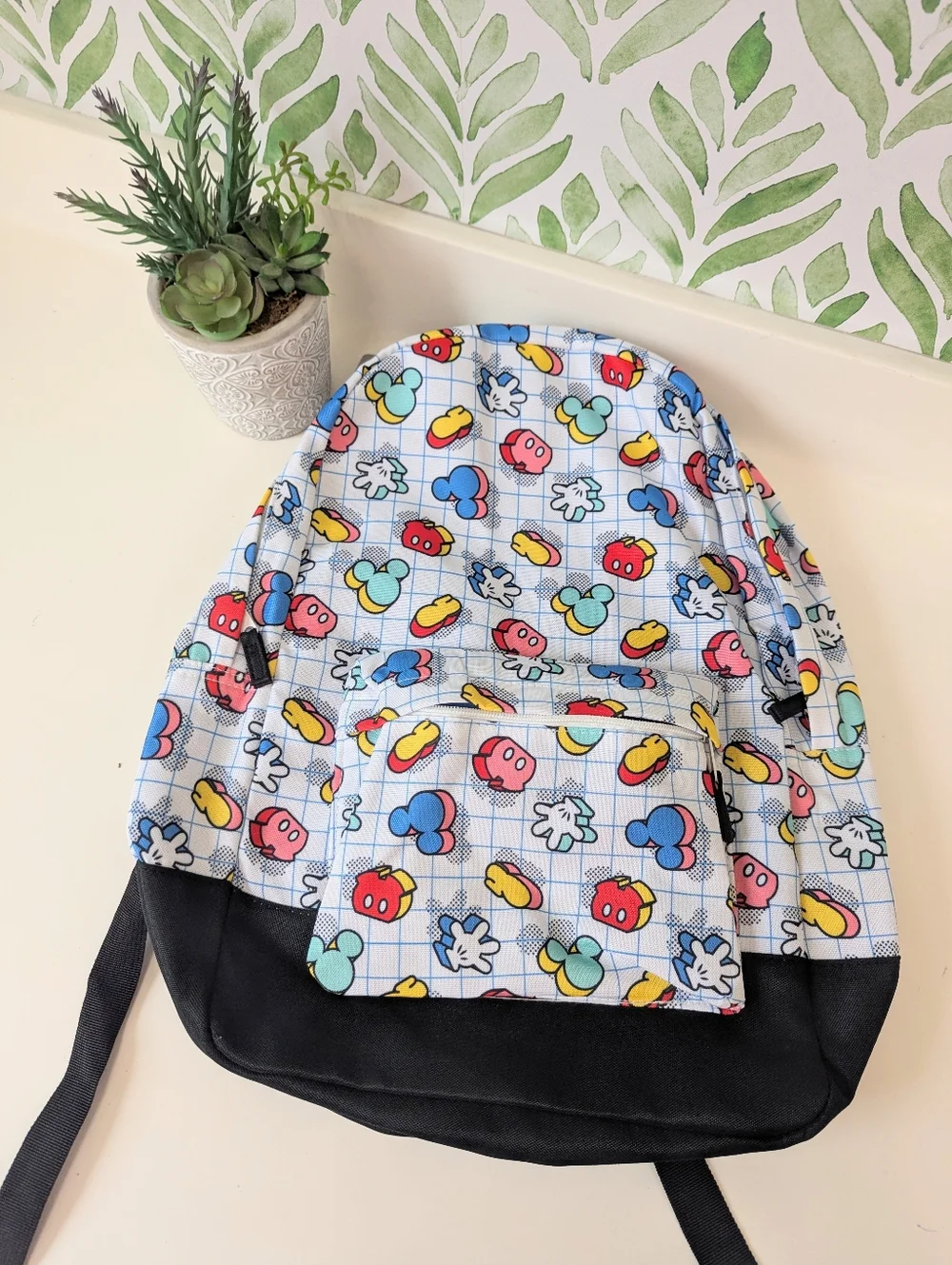 Mickey Mouse Disney White Backpack with Blue, Red, Yellow, Pink, Green Icons NWT